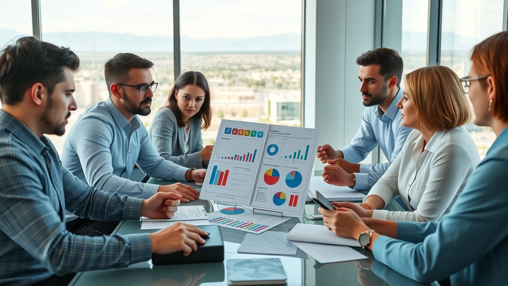 Insightful business team analyzing marketing budget charts marketing consultant summerlin