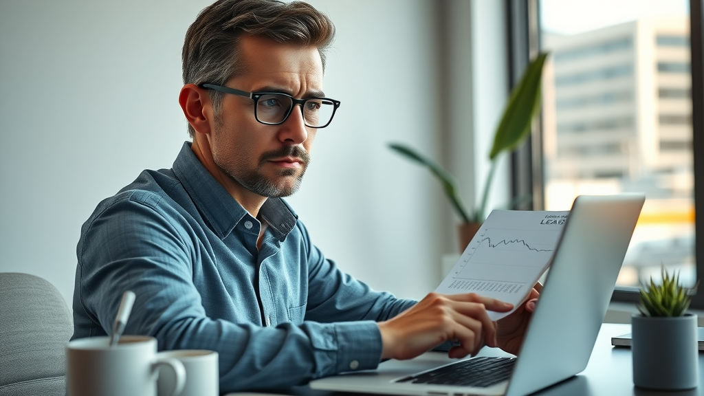 Visibly concerned business owner reviewing declining lead generation marketing consultant summerlin