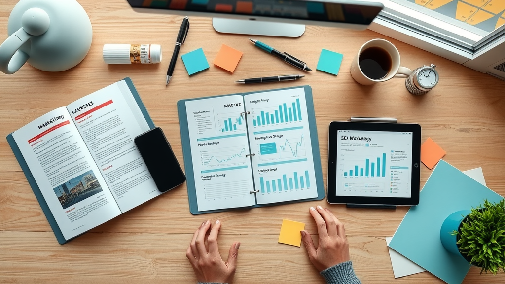 Organized workspace with marketing playbooks and digital tools marketing consultant summerlin